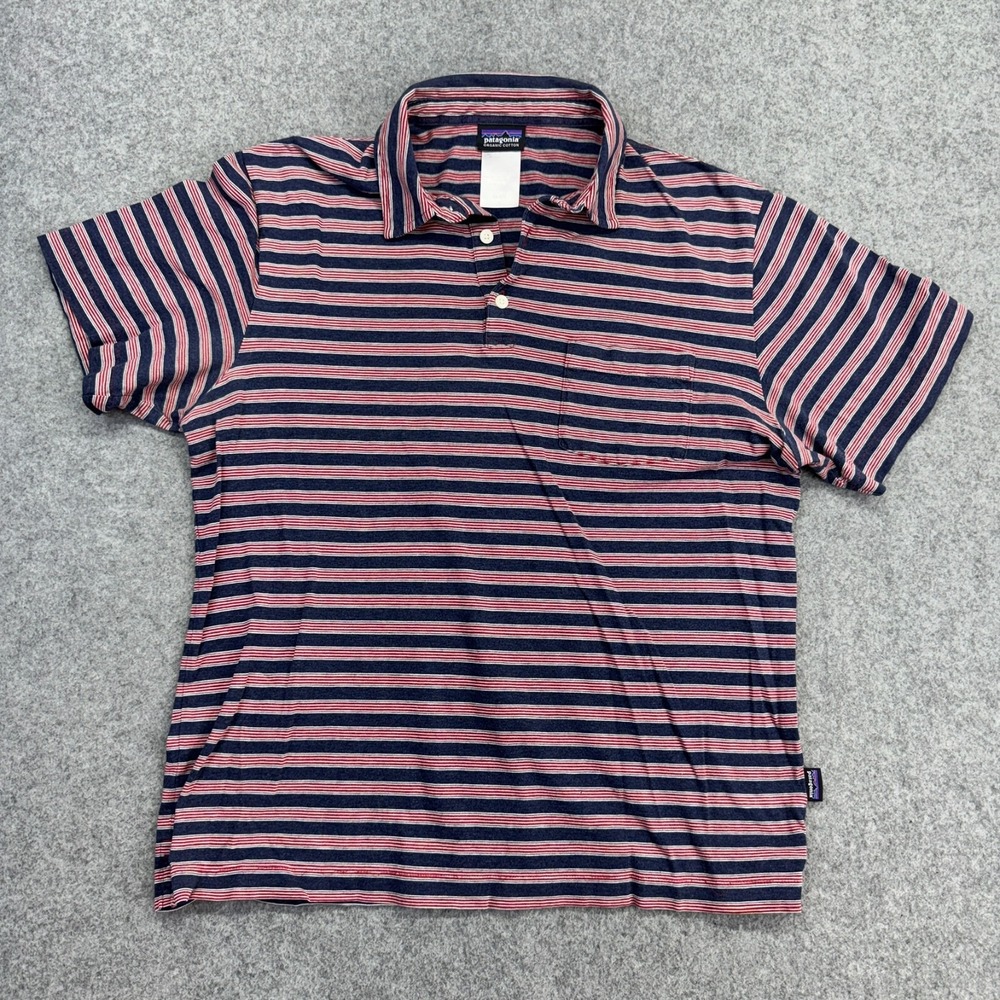 Patagonia Men's Organic Cotton Polo Shirt S Navy Red Stripe Pocket STY52776FA14